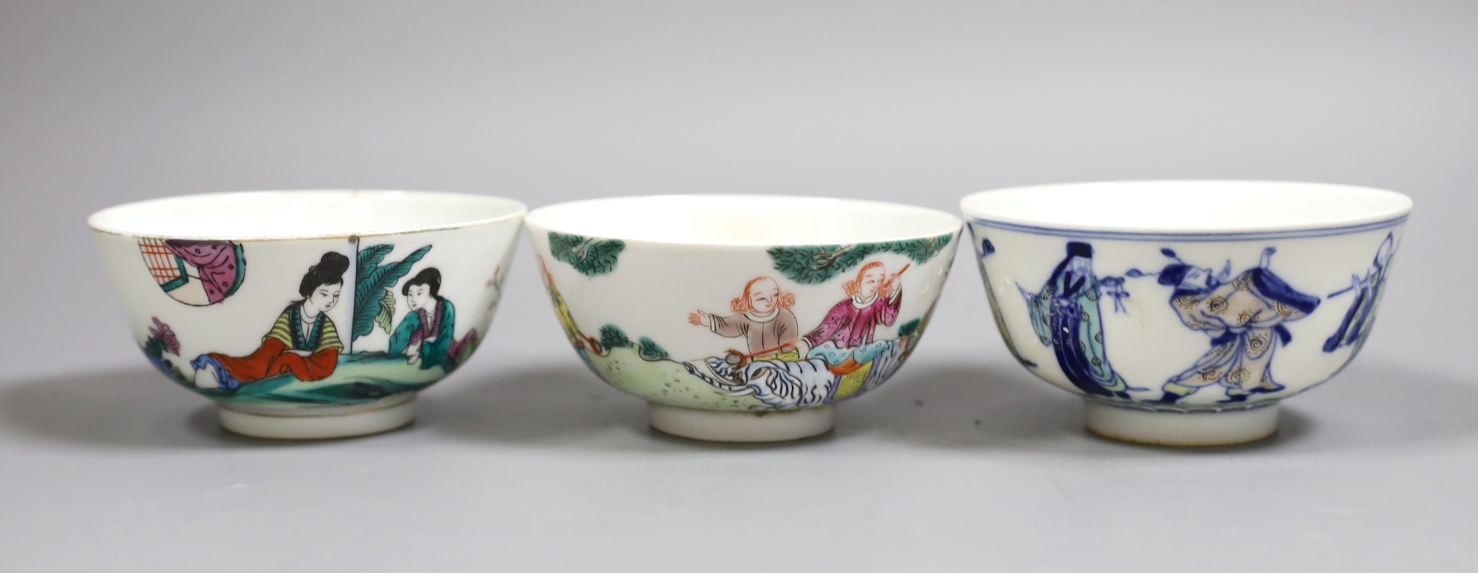 Three Chinese enamelled porcelain bowls, tallest 5.5 cms high